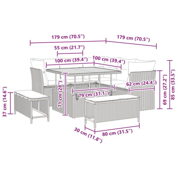vidaXL 8-dielny záhradný gaučový set s vankúšmi - čierny poly ratan akácia – Obrázok 9