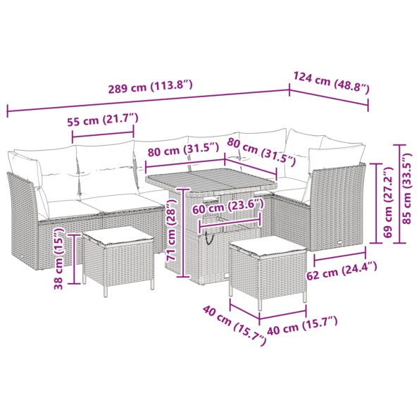 vidaXL 9-dielny záhradný pohovkový set s vankúšmi čierny polyratan akácie – Obrázok 9