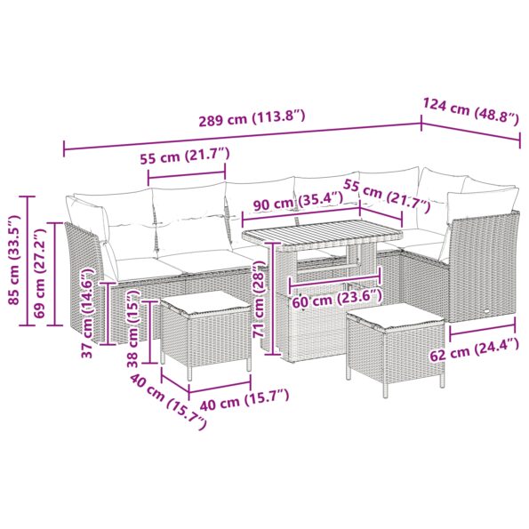 vidaXL 9-dielna záhradná pohovka so vankúšmi béžová poly ratan acacia – Obrázok 9