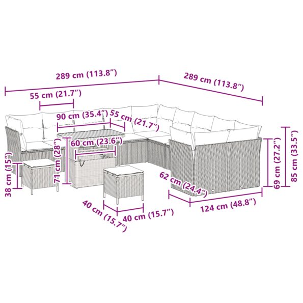 vidaXL 13-dielna záhradná sedacia súprava s vankúšmi čierna poly ratan akácia – Obrázok 9