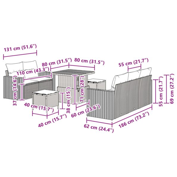 vidaXL 8-dielny záhradný pohovkový set s vankúšmi čierny poly ratan akácia – Obrázok 10