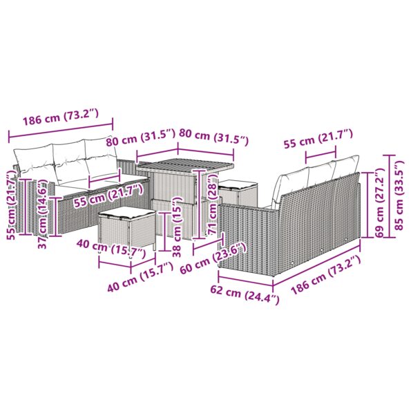vidaXL 9 ks záhradná pohovka s vankúšmi béžová poly ratan acacia – Obrázok 9