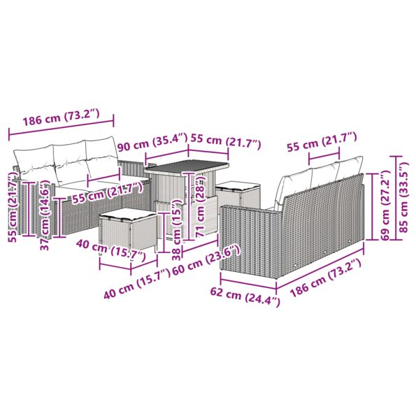 3361571_9.jpg vidaXL 9-dielny záhradný gaučový set s vankúšmi béžový poly ratan akácia – Obrázok 9