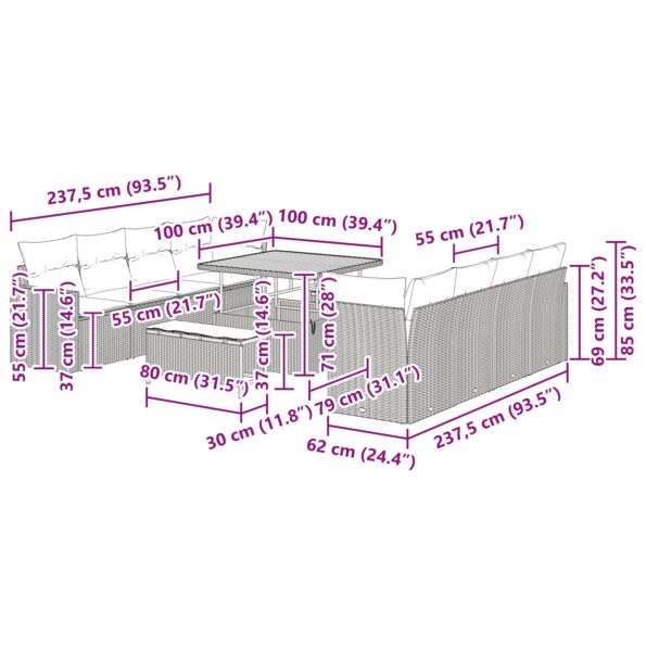 vidaXL 11-dielna súprava záhradných pohoviek s vankúšmi Béžová poly ratan Akácia – Obrázok 10