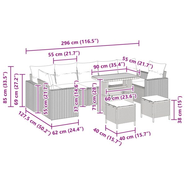 vidaXL 10-dielny set záhradného gauča s vankúšmi čierny polyratan akácie – Obrázok 9