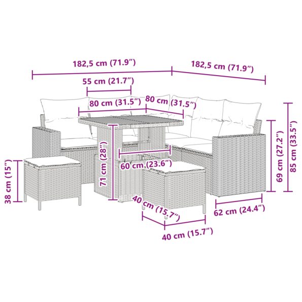 vidaXL 8-dielny záhradný gaučový set s vankúšmi, čierny poly ratanový akáciový – Obrázok 10
