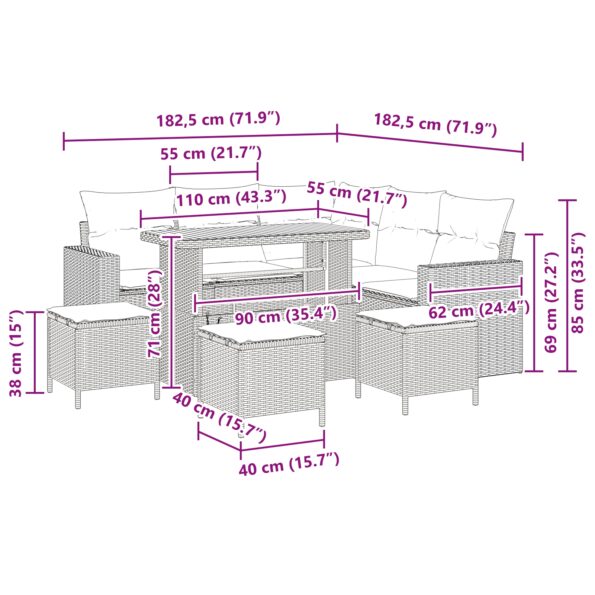 3361623_10.jpg vidaXL 9 kusový záhradný pohovkový set s vankúšmi Šedý Poly Ratan Akácia – Obrázok 10