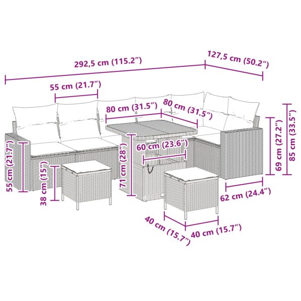 vidaXL 9-dielna súprava záhradného gauča s vankúšmi Béžový poly ratan Akácia – Obrázok 10
