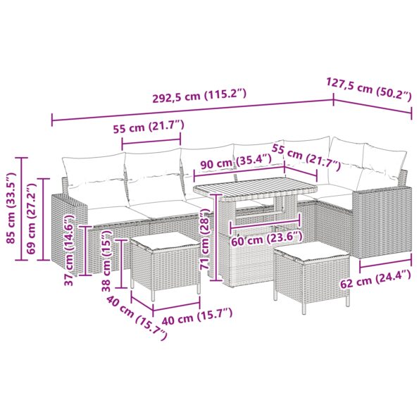 vidaXL 9-dielny záhradný set sedačiek s vankúšmi béžový poly ratan akáciový – Obrázok 10