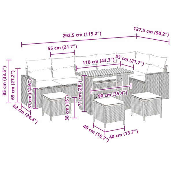 vidaXL 10-dielna sada záhradného gauča s vankúšmi čierny polyratan akáciový – Obrázok 10