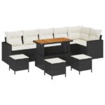 vidaXL 10-dielna sada záhradného gauča s vankúšmi čierny polyratan akáciový – Obrázok 2