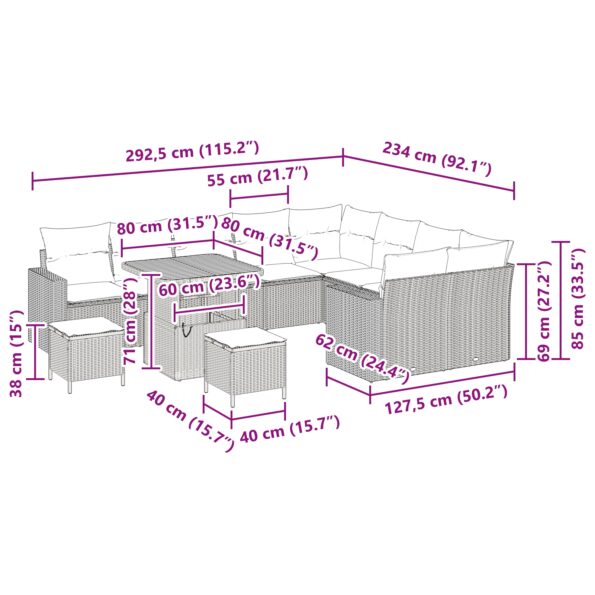 vidaXL 12-dielny záhradný gaučový set s vankúšmi béžový poly ratan akácia – Obrázok 10