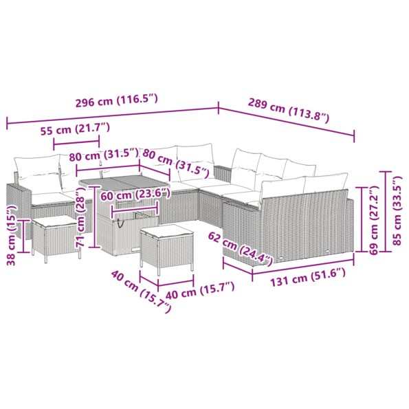 vidaXL 13 Dielna Záhradná Pohovka s Vankúšmi Béžová Poly Ratan Acacia – Obrázok 9