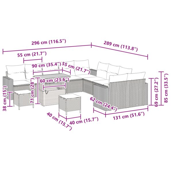 vidaXL 13-dielna záhradná pohovka s vankúšmi čierny polyratan akácia – Obrázok 9
