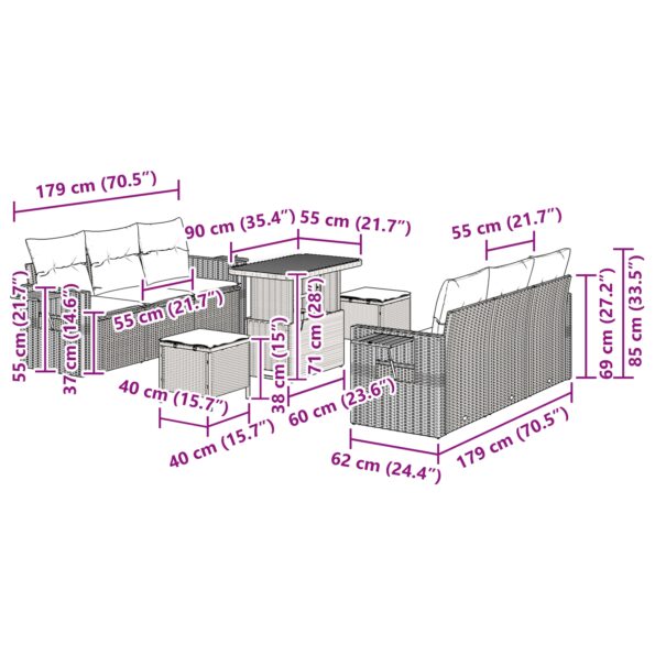 vidaXL 9-dielna záhradná súprava gauča s vankúšmi čierny poly ratan akácia – Obrázok 13