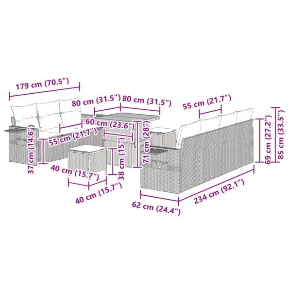 vidaXL Záhradná sedačka 10 kusov s vankúšmi Čierny Poly Ratan Akácia – Obrázok 13