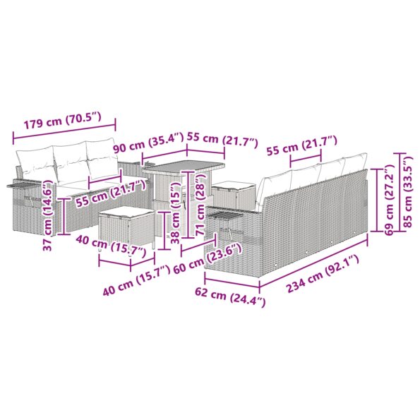 vidaXL 10-dielny záhradný pohovkový set s vankúšmi, čierny poly ratan – Obrázok 13