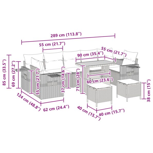 vidaXL 10-dielna záhradná sedacia súprava s vankúšmi béžová poly ratan akácia – Obrázok 13