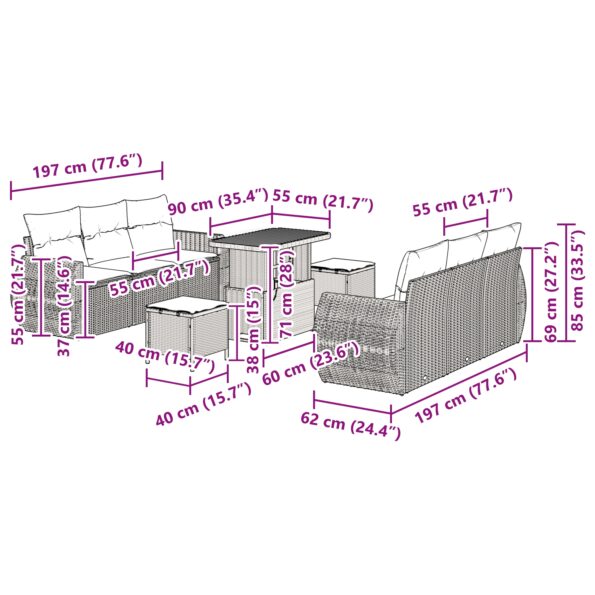 vidaXL 9-dielna súprava záhradného gauča s vankúšmi Béžový poly ratan akácia – Obrázok 12