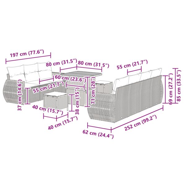 vidaXL 10-dielna záhradná sedacia súprava s vankúšmi čierna poly ratan akácia – Obrázok 12