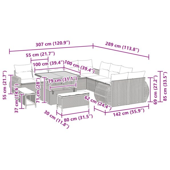 vidaXL 13-dielna súprava záhradných sedačiek s vankúšmi čierny poly ratan akácia – Obrázok 12