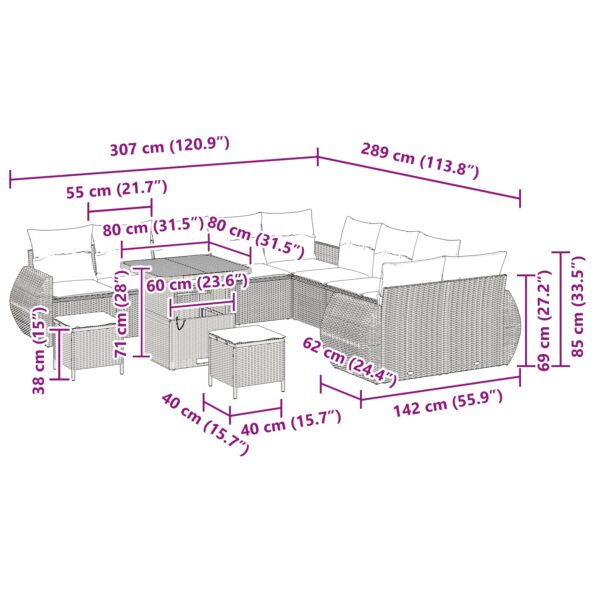 vidaXL 13-dielny záhradný sedačkový set s vankúšmi béžový polyratan akácia – Obrázok 12