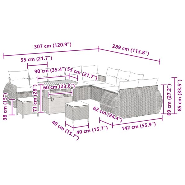 vidaXL 13-dielna záhradná sedacia súprava s vankúšmi čierny poly ratan akácia – Obrázok 12