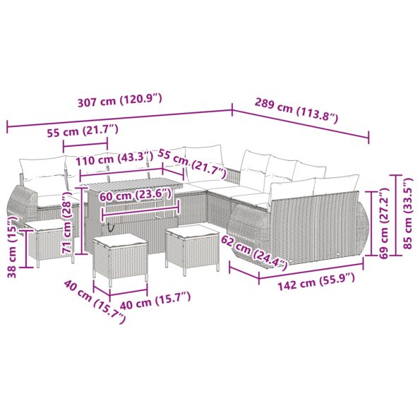 vidaXL 14-dielna záhradná pohovka so vankúšmi čierna poly ratanová akácia – Obrázok 12