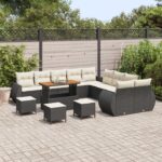 vidaXL 14-dielna záhradná pohovka so vankúšmi čierna poly ratanová akácia – Obrázok 3