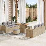 vidaXL 9-dielny záhradný pohovkový set s podložkami Béžový poly ratan Akácia