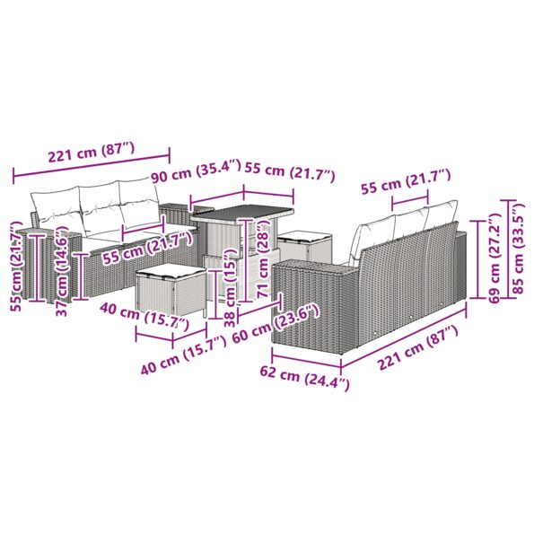 vidaXL 9-dielna sada záhradného sofa s vankúšmi Béžová poly ratan akácia – Obrázok 12