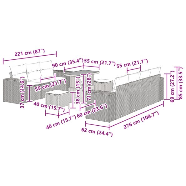 vidaXL 10-dielna súprava záhradnej pohovky s vankúšmi čierna poly ratan akácia – Obrázok 12