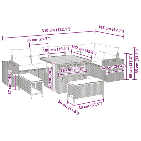 vidaXL 9-dielna súprava gauča s vankúšmi čierneho polyratanu – Obrázok 11