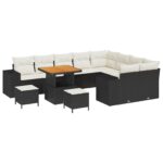 Súprava 12 kusov záhradných pohoviek s vankúšmi čierna poly ratan akácia, Súprava 3 kusov záhradného jedálenského nábytku s vankúšmi čierna poly ratan akácia – Obrázok 2