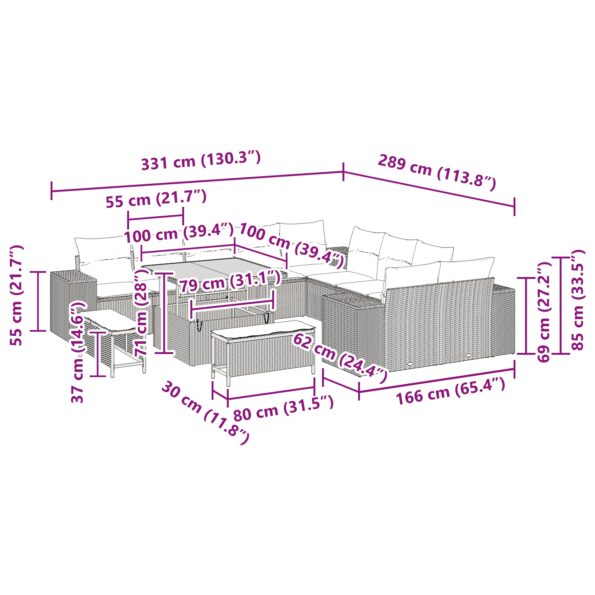 vidaXL 13 kusová súprava záhradných sedačiek s poduškami čierny poly ratan akácia – Obrázok 12