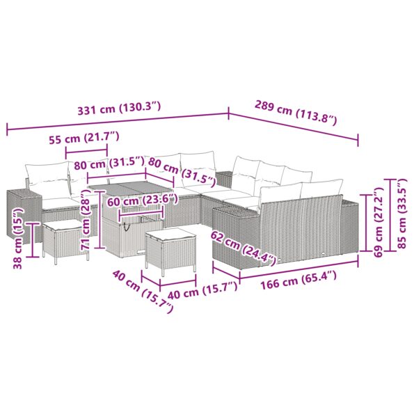 vidaXL 13-dielna sada záhradného gauča s vankúšmi béžový poly ratan – Obrázok 12