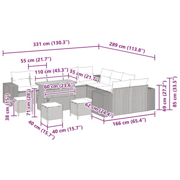 vidaXL 14 dielny záhradný gaučový set s vankúšmi čierny poly ratan akácia – Obrázok 12