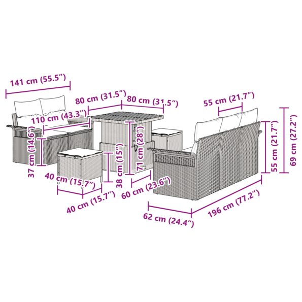 vidaXL 8-dielny súprava záhradných pohoviek s vankúšmi Béžový Poly ratan Akácia – Obrázok 12