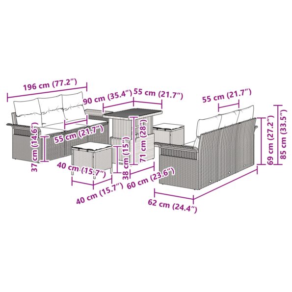 vidaXL 9-dielny záhradný sedačkový set s vankúšmi béžový polyratan akácia – Obrázok 12