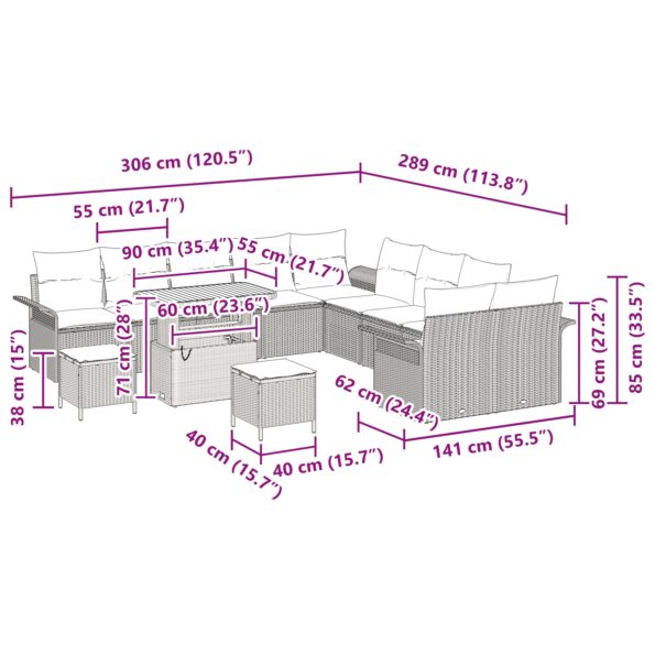 vidaXL 13-dielny záhradný sedačkový set s vankúšmi čierny poly ratan akácia – Obrázok 12