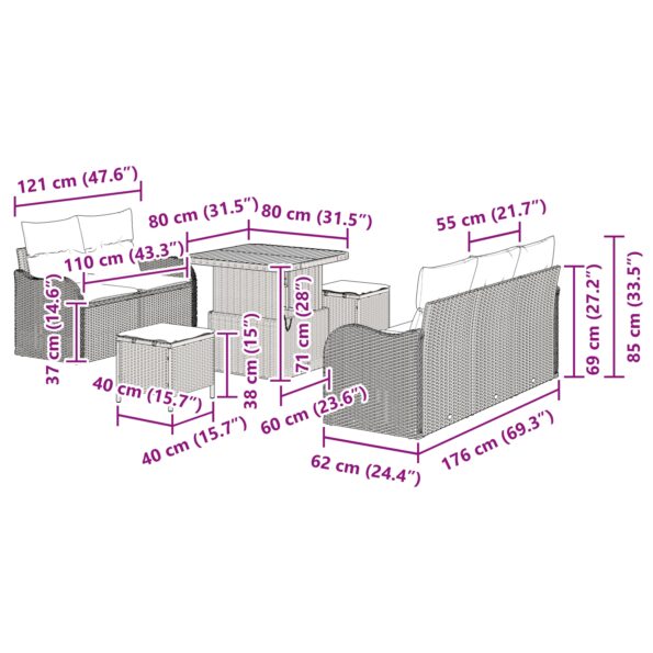 vidaXL 8-dielna záhradná pohovka so vankúšmi čierna poly ratan akáciová – Obrázok 12