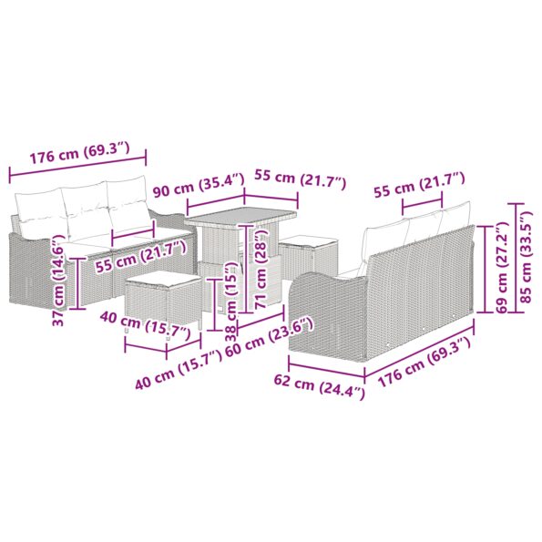 vidaXL 9-dielna záhradná súprava pohoviek s vankúšmi Čierna Poly Ratan Akácia – Obrázok 12