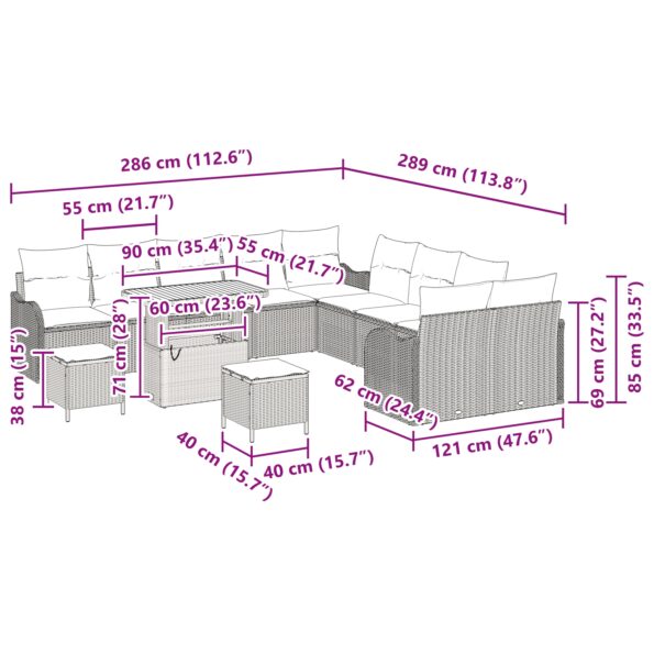 13-dielna súprava záhradného gauča s vankúšmi čierny polyratan akácia, 2-sedový záhradný gauč s vankúšmi čierny polyratan, 3-dielna súprava záhradného jedálenského setu s vankúšmi čierny polyratan akácia – Obrázok 12