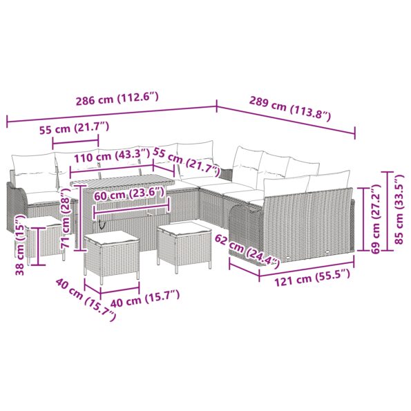 vidaXL 14 kusová záhradná pohovka s vankúšmi šedá poly rattan akácia – Obrázok 12