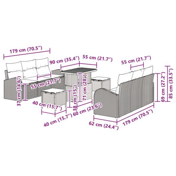 vidaXL 9-dielna záhradná sedačka s vankúšmi čierna polyratanová akácia – Obrázok 12