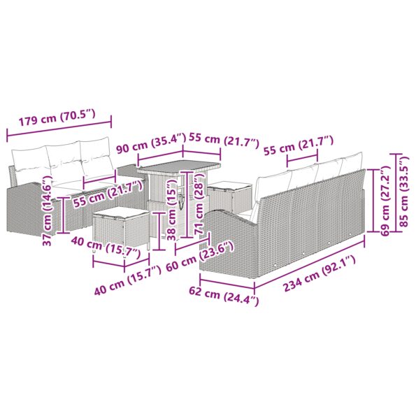 vidaXL 10-kusová záhradná súprava sedačiek s vankúšmi béžová poly ratan akácia – Obrázok 12