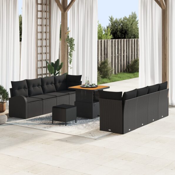 3362364_1.jpg vidaXL 11-dielna súprava záhradných gaučov s vankúšmi Čierna Polyratan Acacia – Obrázok 1