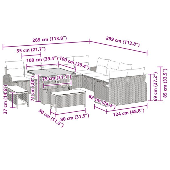 vidaXL 13-dielna záhradná súprava so vankúšmi čierny polyratan akácia – Obrázok 12