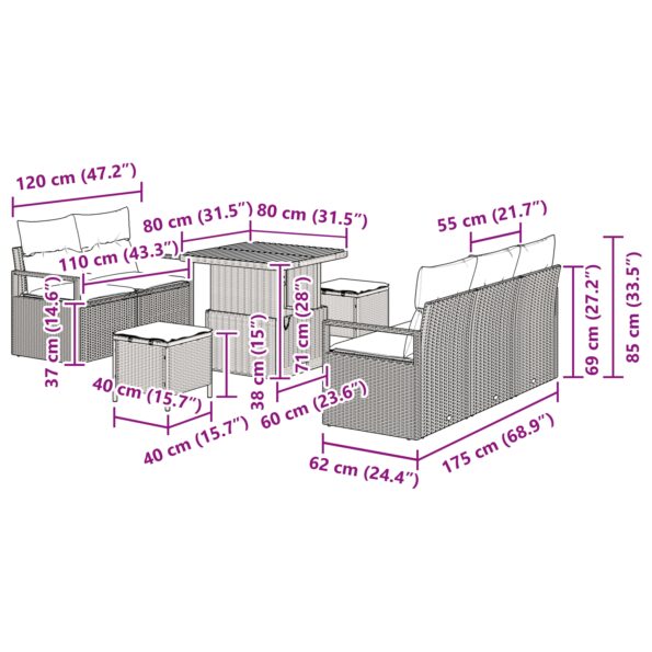 vidaXL 8-dielna záhradná pohovka súprava s vankúšmi čierny poly ratan akácia – Obrázok 12