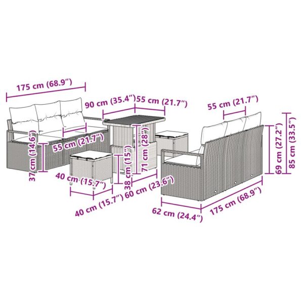 vidaXL 9-dielna záhradná súprava gauča s vankúšmi čierny polyratan akácia – Obrázok 12